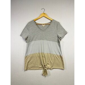 Style Co Color Block V Neck T Shirt Tie Front Short Sleeve Top Women's XL
